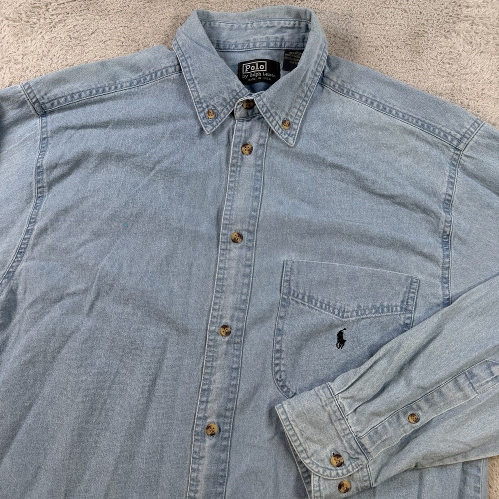 VTG Polo Ralph Lauren Shirt Mens Medium Blue Denim Button Down Pocket Pony USA